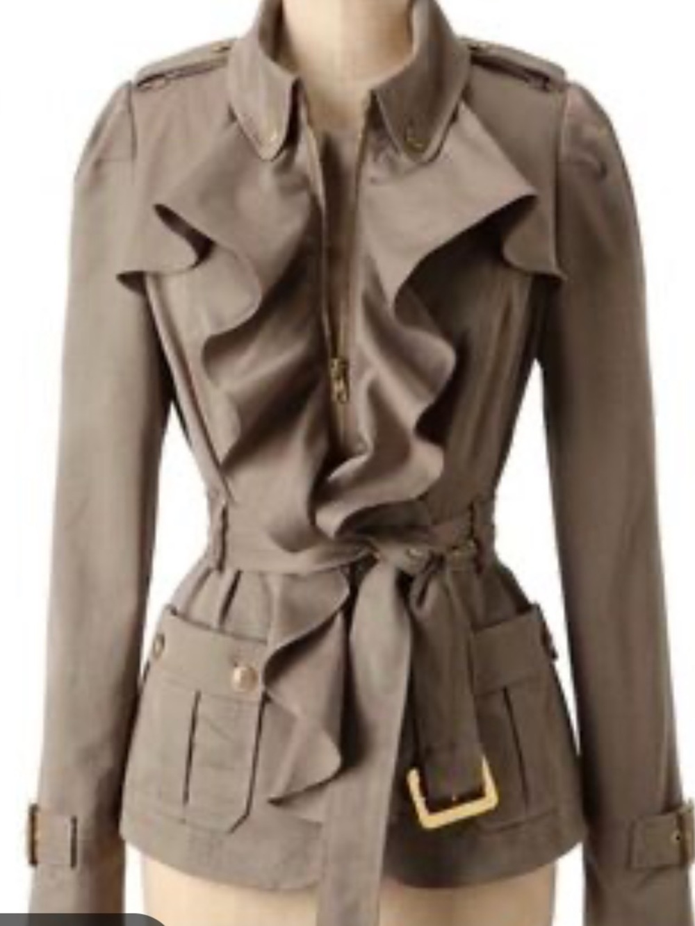 NWOT Elevenses Ruffled Belted trench Jacket in Taupe sz 4 Anthropologie